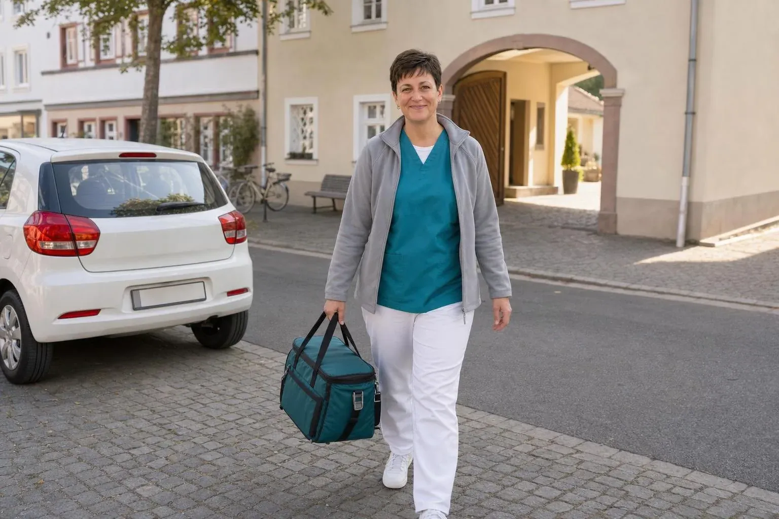 VERAH Katrin mit ihrer Tasche auf dem Weg zu einem Hausbesuch