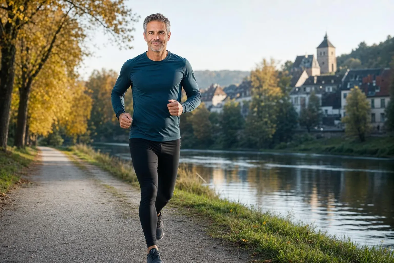 Dr. Stefan Müller beim Laufen an einem Fluss im Herbst